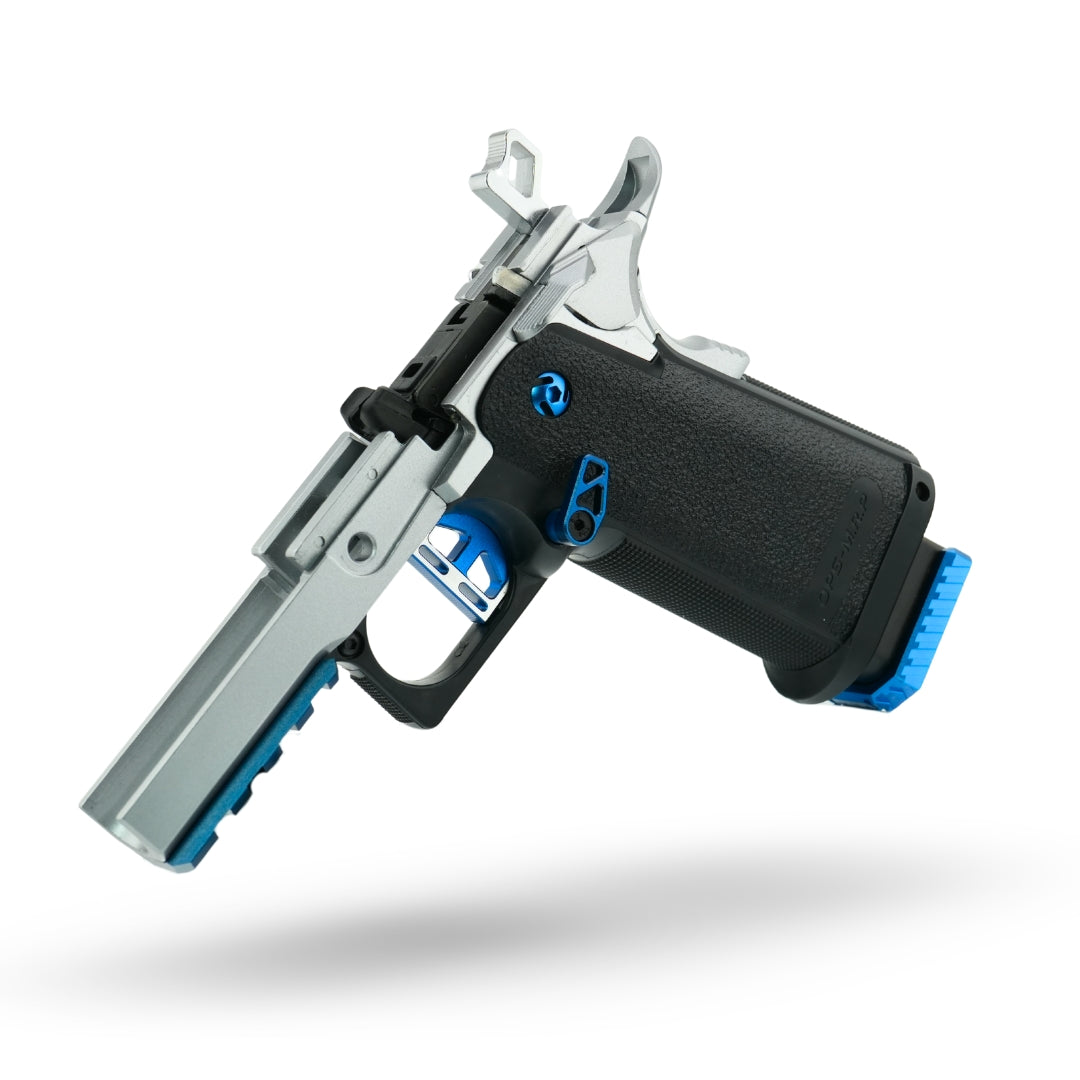 High-performance Tokyo Marui Hi-Capa custom airsoft gas pistol with CNC-machined blue and black slide, silver outer barrel, fiber optic sights, enhanced recoil system, and precision internals for tournament-level play.