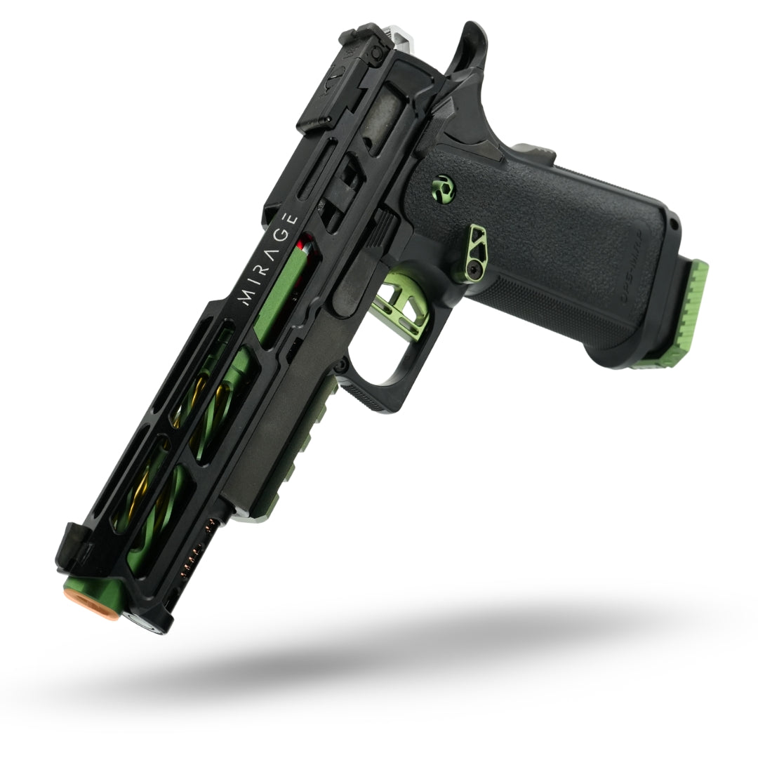 MNA Minnesota Airsoft custom Tokyo Marui Hi-Capa 5.1 gas blowback airsoft pistol in emerald green and matte black, CNC-machined aluminum slide, threaded outer barrel, upgraded hop-up unit, and competition-ready recoil system.