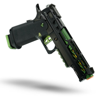 Minnesota Airsoft fully upgraded Tokyo Marui Hi-Capa green and black GBB pistol with skeletonized slide, precision inner barrel, high-flow gas valve, fiber optic front sight, and tuned performance for speedsoft tournaments.