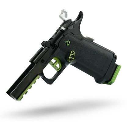 Minnesota Airsoft premium custom Tokyo Marui Hi-Capa gas blowback pistol in metallic green and jet black with silver highlights, short stroke kit, upgraded nozzle return spring, and precision hop-up for accuracy.
