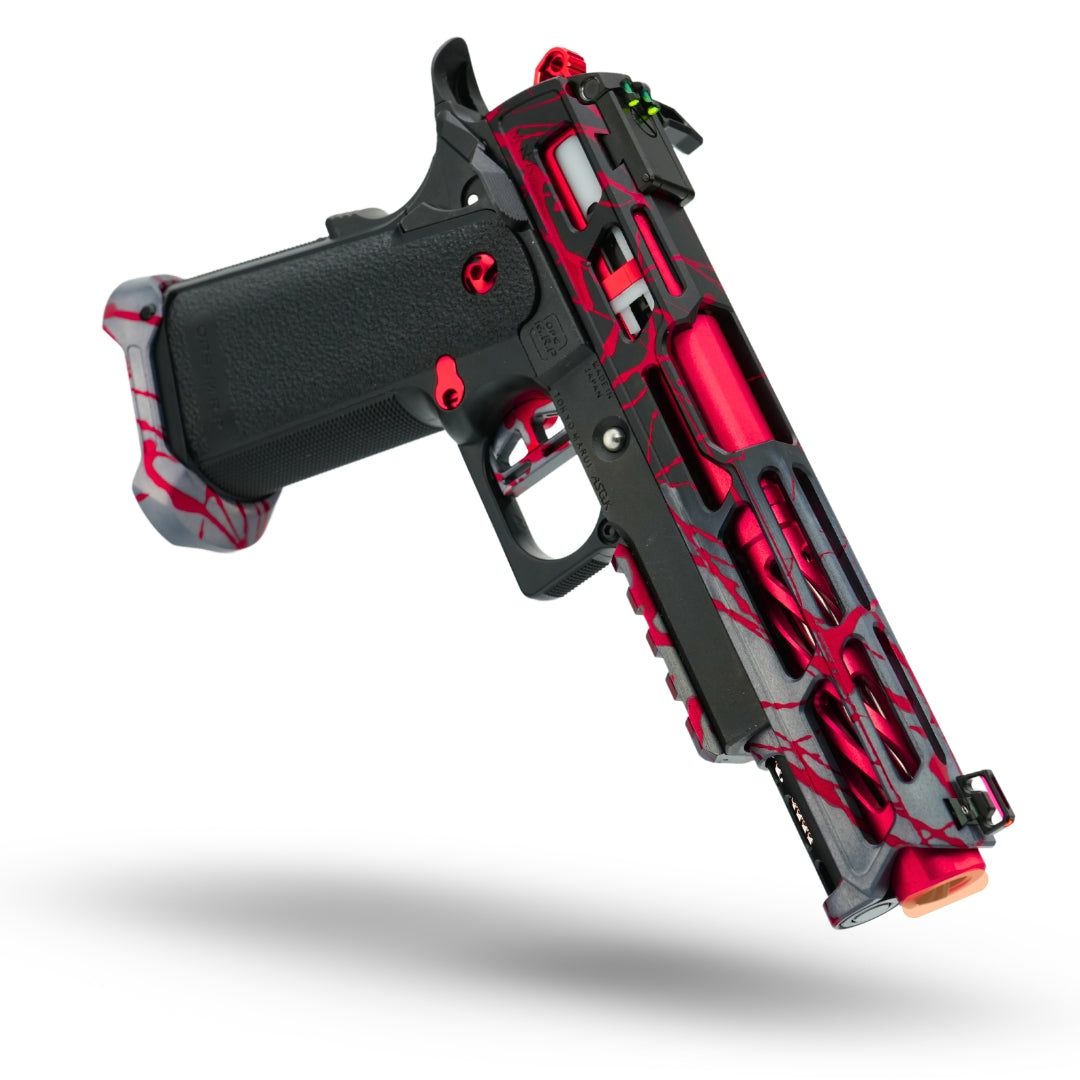 MNA project shatter custom anodized tokyo marui hi capa airsoft gas pistol. upgraded hicapa pistol for airsoft with red, purple, and gold anodizing for the best gas hi capa airsoft gun. upgraded outer barrel.