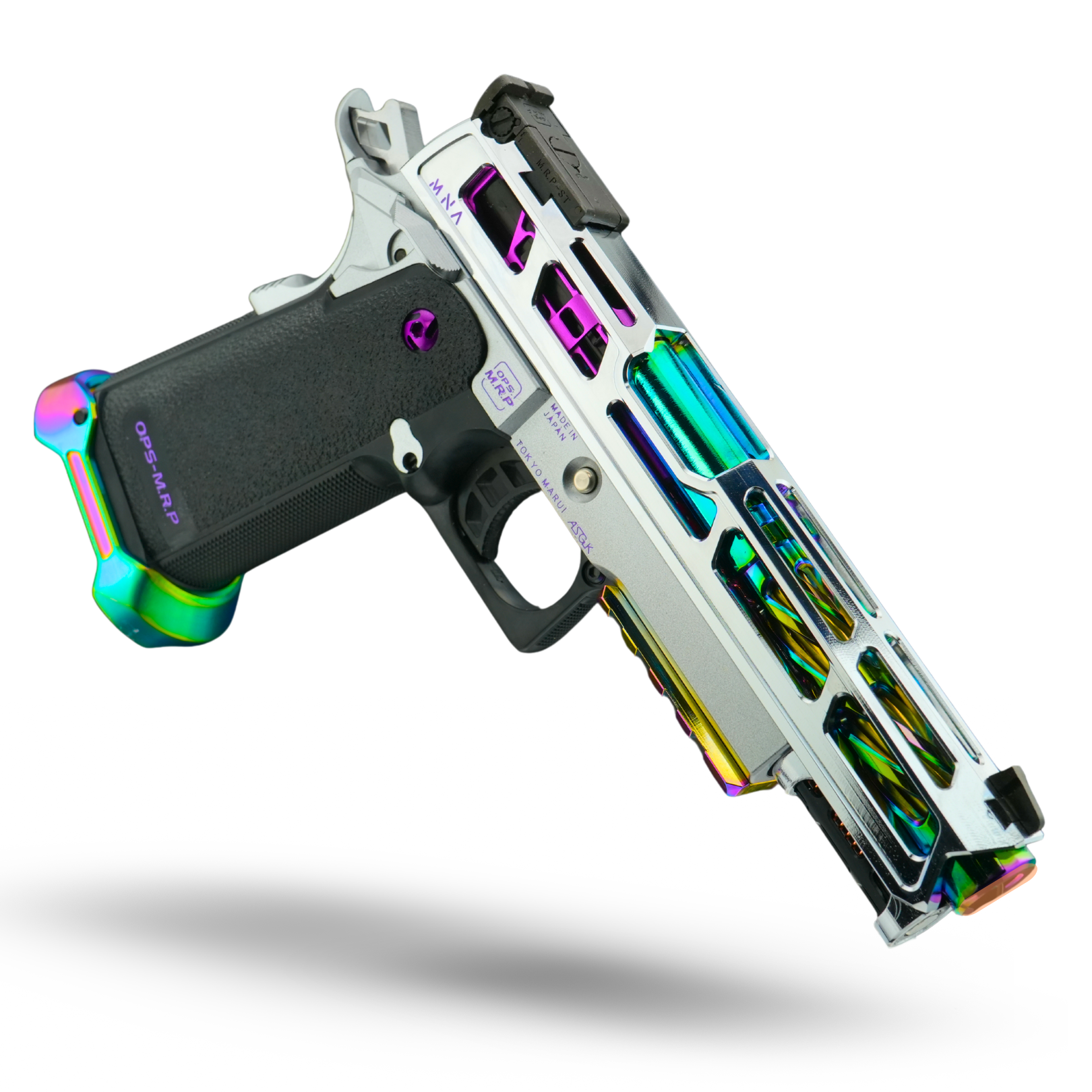 minnesota airsoft custom hicapa airsoft pistol MNA project Bifrost chrome silver and glosys rainbow custom build. 2026 new rainbow purple and silver hi capa for tokyo marui upgrades. side view of aluminum CNC slide.