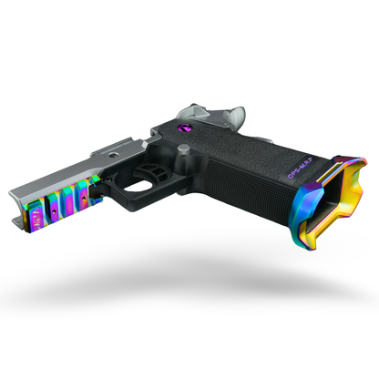 minnesota airsoft custom hicapa airsoft pistol MNA project Bifrost chrome silver and glosys rainbow custom build. 2026 new rainbow purple and silver hi capa for tokyo marui upgrades. side view of lower grip and magwell and picatinny frame rail.