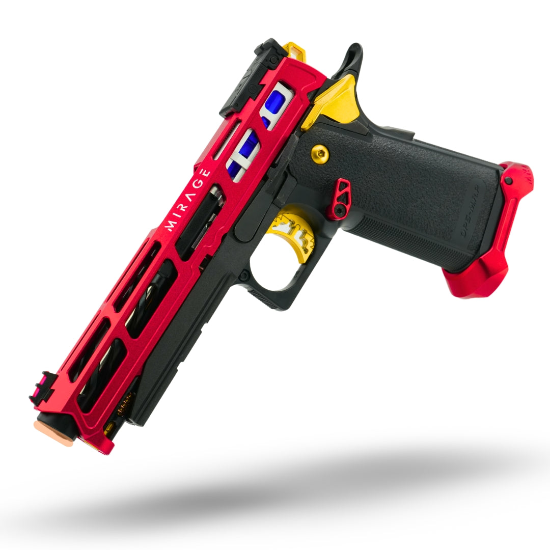 Fully custom Tokyo Marui Hi-Capa 5.1 Gold Match airsoft pistol featuring MNA Mirage CNC aluminum slide (red), MNA Torque skeletonized outer barrel (black), and MNA CNC magwell (red); equipped with Tokyo Marui fiber optic front sight and NexxSpeed V2 CNC TDC hop-up unit.