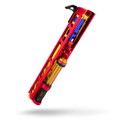 Red and gold custom airsoft hi capa pistol slide assembly with red and gold coloring, featuring a fiber optic front sight, and various upgraded custom tokyo marui components. fully upgraded custom tokyo marui hicapa pistol.