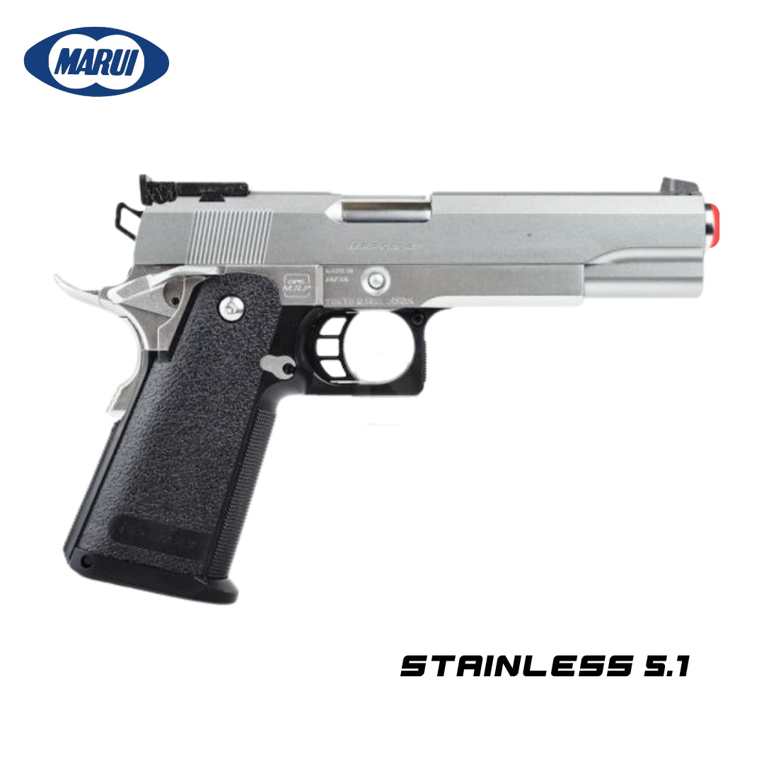 Tokyo Marui Hi Capa 5.1 Stainless GBB Airsoft Pistol. Featuring a durable stainless finish, this gas blowback pistol offers superior performance, known as the ultimate platform for custom upgrades in airsoft.