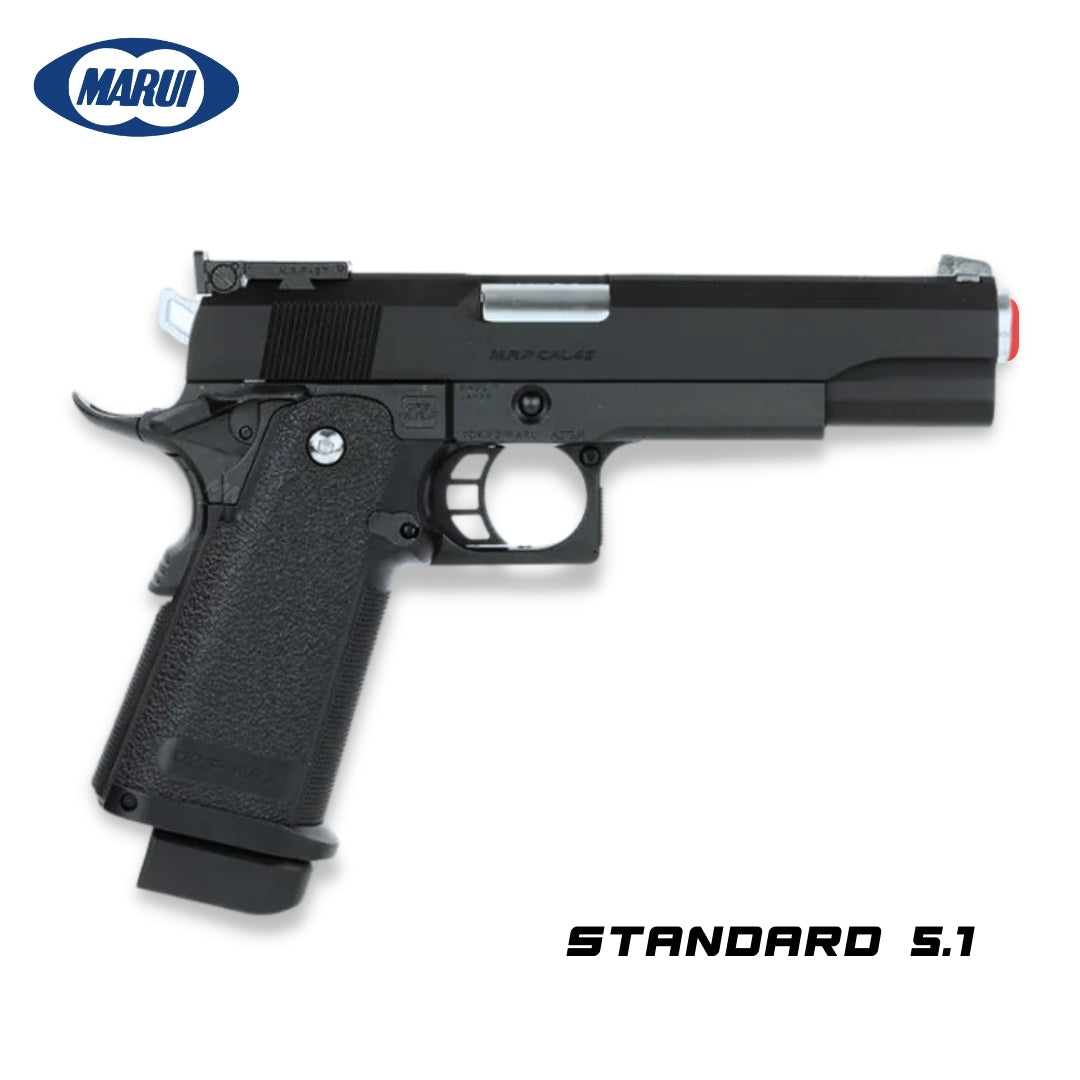 Tokyo Marui Hi Capa 5.1 black standard Gas Blowback Airsoft Pistol. Renowned for its performance, this black variant offers smooth action, upgradeability, and the benchmark standard for airsoft gas pistols worldwide. Black Standard government model hi capa.