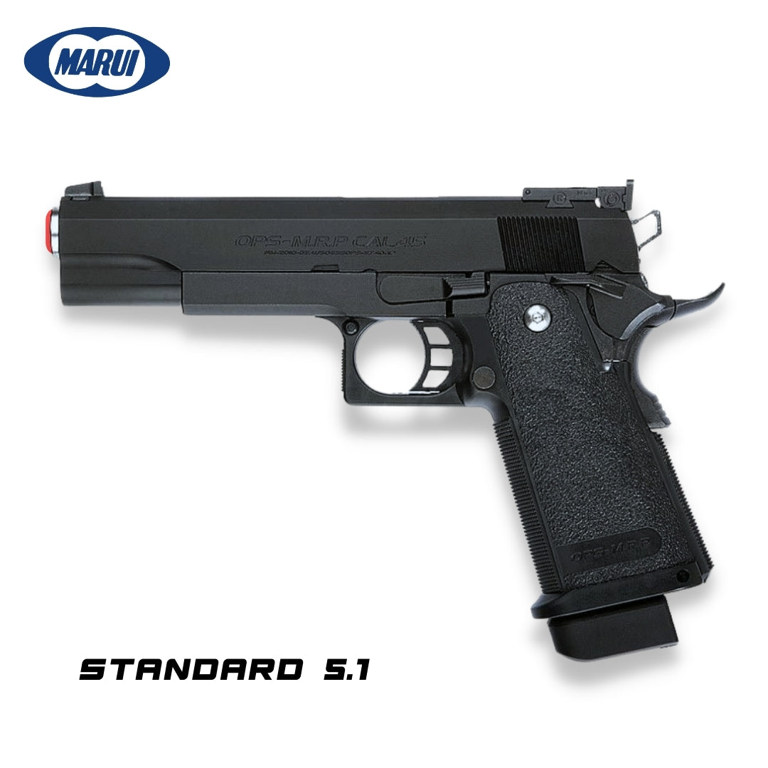 Tokyo Marui Hi Capa 5.1 Stainless Gas Blowback Airsoft Pistol. The stainless variant is known for precision and upgrade potential, making it airsoft’s top gas pistol with access to extensive aftermarket upgrades. Hi Capa 5.1 Black base pistol.