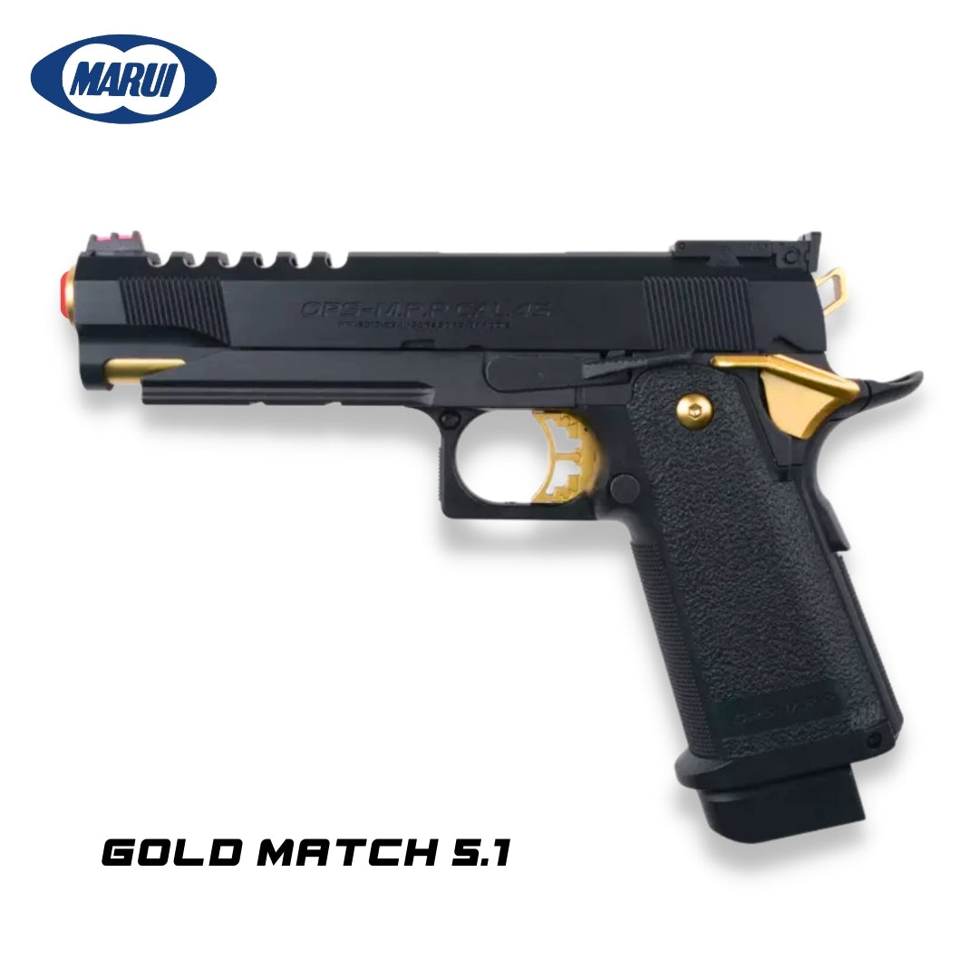 Tokyo Marui Hi Capa 5.1 Gold Match GBB Airsoft Pistol. This premium pistol delivers exceptional performance and upgrade potential, cementing its place as one of the most respected gas blowback airsoft platforms available. 