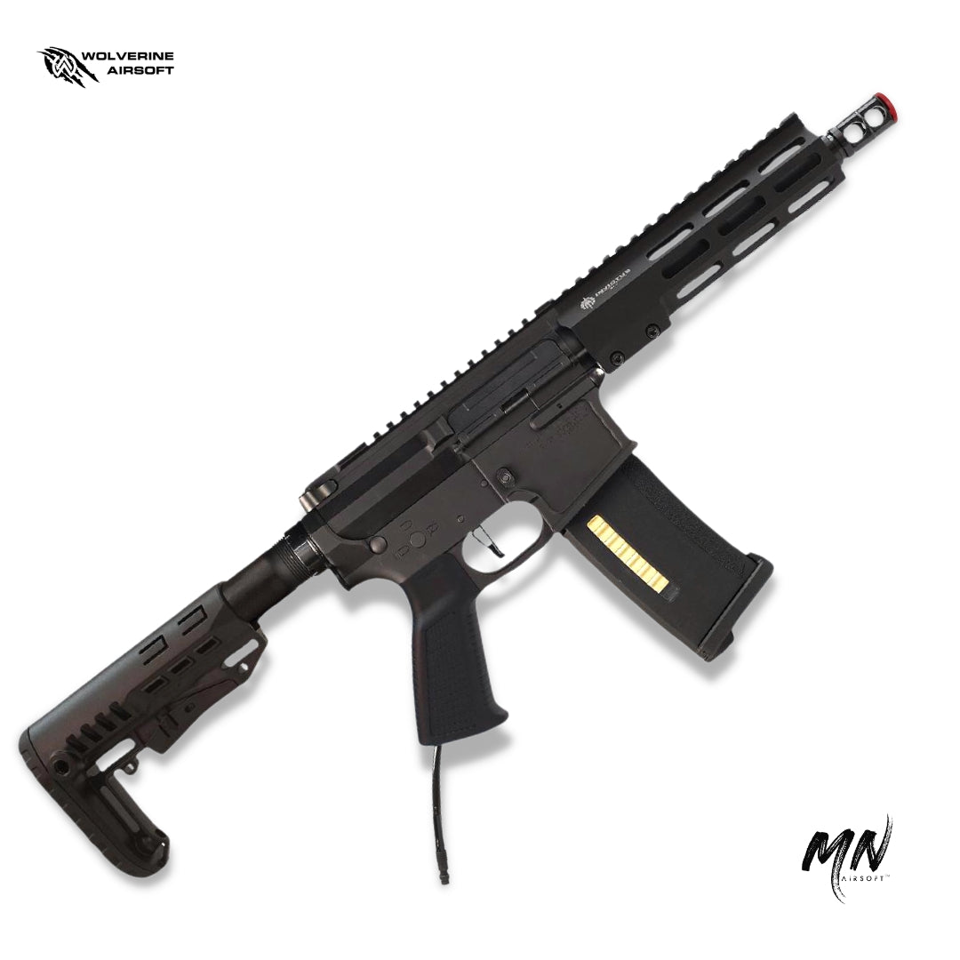 Wolverine MTW HPA Airsoft Rifle with Gen 3 Billet Receiver Set, INFERNO Gen 2 Engine, Spartan Electronics MTW Control Board, and Invictus MK-1 Rail. High-performance, durable MTW rifle ideal for airsoft enthusiasts seeking precision and reliability. 7" variant Tactical Trim.