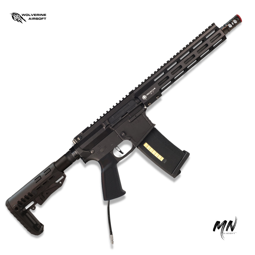 Wolverine MTW HPA Airsoft Rifle with Gen 3 Billet Receiver Set, INFERNO Gen 2 Engine, Spartan Electronics MTW Control Board, and Invictus MK-1 Rail. High-performance, durable MTW rifle ideal for airsoft enthusiasts seeking precision and reliability. 10 inch version with tactical trim.