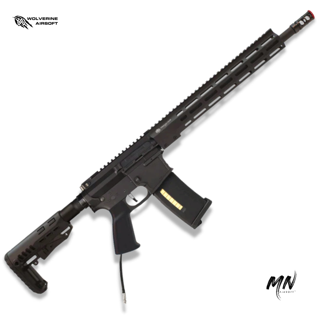 Wolverine MTW HPA Airsoft Rifle with Gen 3 Billet Receiver Set, INFERNO Gen 2 Engine, Spartan Electronics MTW Control Board, and Invictus MK-1 Rail. High-performance, durable MTW rifle ideal for airsoft enthusiasts seeking precision and reliability. 14 inch DMR version with tactical trim accessories.