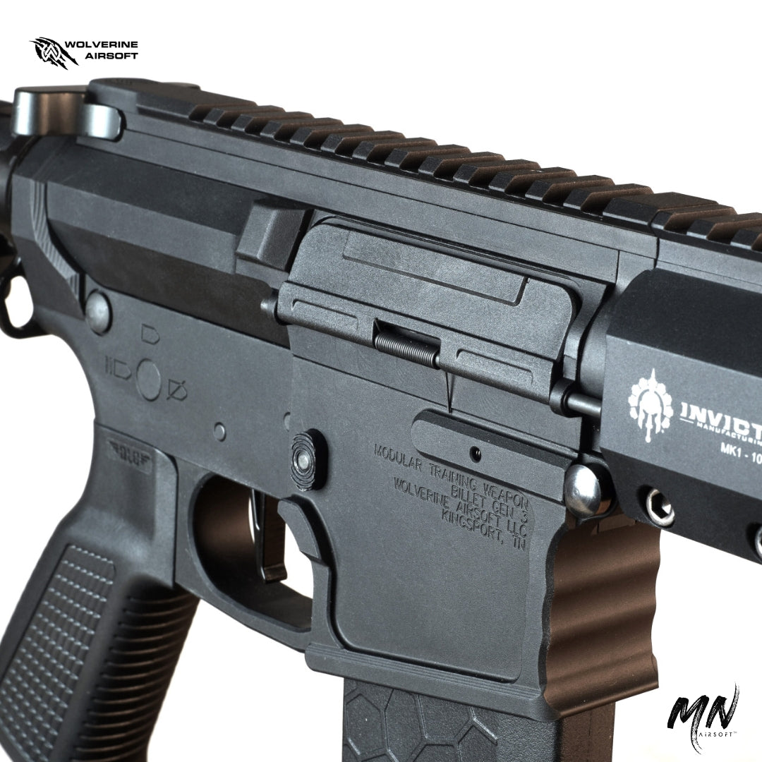 Wolverine MTW HPA Airsoft Rifle with Gen 3 Billet Receiver Set, INFERNO Gen 2 Engine, Spartan Electronics MTW Control Board, and Invictus MK-1 Rail. High-performance, durable MTW rifle ideal for airsoft enthusiasts seeking precision and reliability. side view with ejection port and invictus rail mlok.