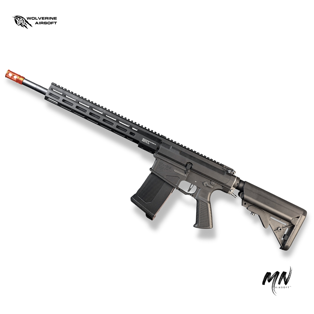 Wolverine Airsoft HPA MTW 308 DMR airsoft rifle. HPA billet tactical trim airsoft rifle is the best long range HPA rifle in the sport of airsoft. Minnesota airsoft image showing the new wolverine airsoft DMR 308 HPA rifle. PTS EPM Magazine included, MLOK rail, Inferno HPA engine, and M4 AR10 style receiver in CNC aluminum is full of upgraded parts for the best performance. Left side view