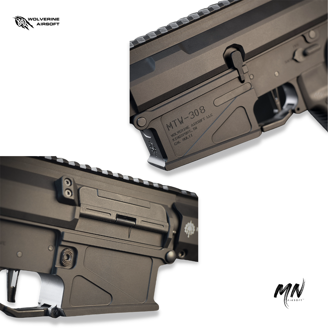 Wolverine Airsoft HPA MTW 308 DMR airsoft rifle. HPA billet tactical trim airsoft rifle is the best long range HPA rifle in the sport of airsoft. Minnesota airsoft image showing the new wolverine airsoft DMR 308 HPA rifle. PTS EPM Magazine included, MLOK rail, Inferno HPA engine, and M4 AR10 style receiver in CNC aluminum is full of upgraded parts for the best performance. receiver set aluminum and dust cover.