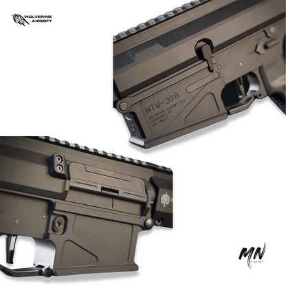Wolverine Airsoft HPA MTW 308 DMR airsoft rifle. HPA billet tactical trim airsoft rifle is the best long range HPA rifle in the sport of airsoft. Minnesota airsoft image showing the new wolverine airsoft DMR 308 HPA rifle. PTS EPM Magazine included, MLOK rail, Inferno HPA engine, and M4 AR10 style receiver in CNC aluminum is full of upgraded parts for the best performance. receiver set aluminum and dust cover.
