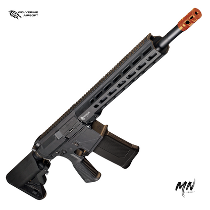 Wolverine Airsoft HPA MTW 308 DMR airsoft rifle. HPA billet tactical trim airsoft rifle is the best long range HPA rifle in the sport of airsoft. Minnesota airsoft image showing the new wolverine airsoft DMR 308 HPA rifle. PTS EPM Magazine included, MLOK rail, Inferno HPA engine, and M4 AR10 style receiver in CNC aluminum is full of upgraded parts for the best performance. angled view showing barrel