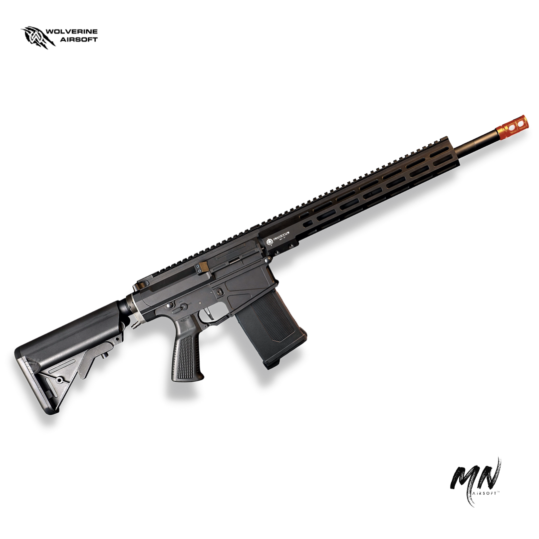 Wolverine Airsoft HPA MTW 308 DMR airsoft rifle. HPA billet tactical trim airsoft rifle is the best long range HPA rifle in the sport of airsoft. Minnesota airsoft image showing the new wolverine airsoft DMR 308 HPA rifle. PTS EPM Magazine included, MLOK rail, Inferno HPA engine, and M4 AR10 style receiver in CNC aluminum is full of upgraded parts for the best performance.