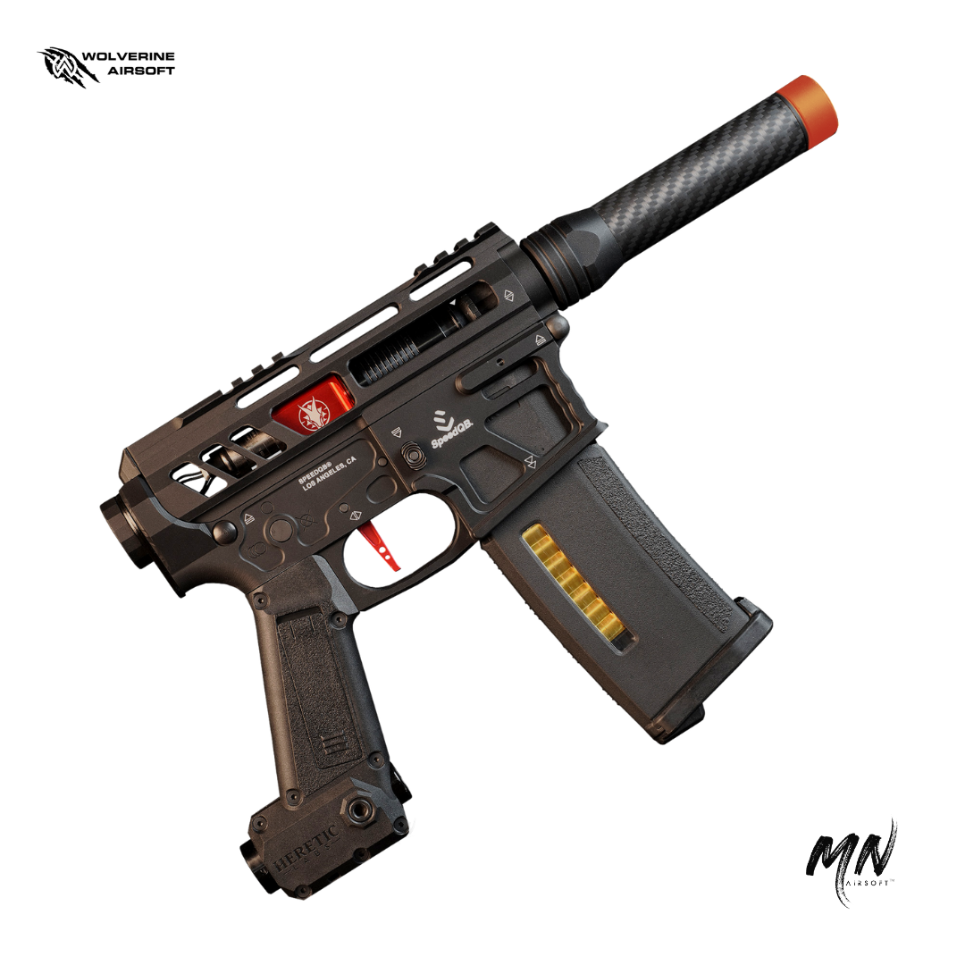 Wolverine Airsoft Article 1 Type S HPA rifle: CNC 6061 T6 aluminum and carbon fiber construction, Mil-Spec Hardcoat Anodization. Powered by Wolverine Gen2 Inferno HPA Engine, CNC Machined Invictus M-LOK Handguard. Compatible with Tokyo Marui Spec M4 AEG Magazines, features Empty Magazine Detection. Long-Range Rotary Hop-Up, compatible with AEG Hop-Ups & Inner Barrels. USA-manufactured for reliability and precision.