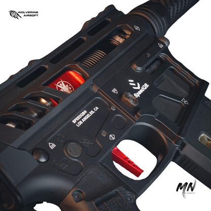 Wolverine Airsoft Article 1 Type S HPA rifle: CNC 6061 T6 aluminum and carbon fiber construction, Mil-Spec Hardcoat Anodization. Powered by Wolverine Gen2 Inferno HPA Engine, CNC Machined Invictus M-LOK Handguard. Compatible with Tokyo Marui Spec M4 AEG Magazines, features Empty Magazine Detection. Long-Range Rotary Hop-Up, compatible with AEG Hop-Ups & Inner Barrels. USA-manufactured for reliability and precision. receiver set skeletonized