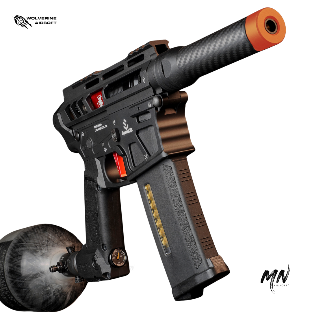 Wolverine Airsoft Article 1 Type S HPA rifle: CNC 6061 T6 aluminum and carbon fiber construction, Mil-Spec Hardcoat Anodization. Powered by Wolverine Gen2 Inferno HPA Engine, CNC Machined Invictus M-LOK Handguard. Compatible with Tokyo Marui Spec M4 AEG Magazines, features Empty Magazine Detection. Long-Range Rotary Hop-Up, compatible with AEG Hop-Ups & Inner Barrels. USA-manufactured for reliability and precision. with tank type s