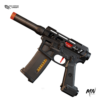 Wolverine Airsoft Article 1 Type S HPA rifle: CNC 6061 T6 aluminum and carbon fiber construction, Mil-Spec Hardcoat Anodization. Powered by Wolverine Gen2 Inferno HPA Engine, CNC Machined Invictus M-LOK Handguard. Compatible with Tokyo Marui Spec M4 AEG Magazines, features Empty Magazine Detection. Long-Range Rotary Hop-Up, compatible with AEG Hop-Ups & Inner Barrels. USA-manufactured for reliability and precision. left side