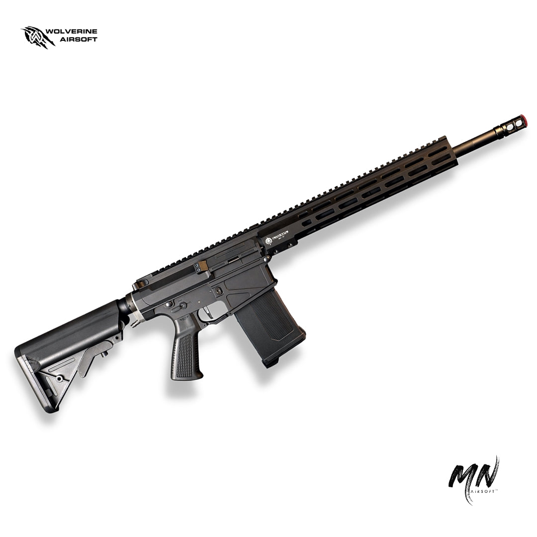 MTW Billet 308 DMR HPA airsoft rifle: crafted from CNC 6061 T6 aluminum with Mil-Spec Hardcoat Anodization. Equipped with Wolverine Gen2 Inferno HPA Engine and CNC Machined Invictus M-LOK Handguard. Compatible with A&K/Classic Army SR25 AEG Magazines, featuring Empty Magazine Detection. Boasts a Long-Range Rotary Hop-Up for precision. Manufactured, assembled, & quality checked in the United States for superior performance and reliability. main view