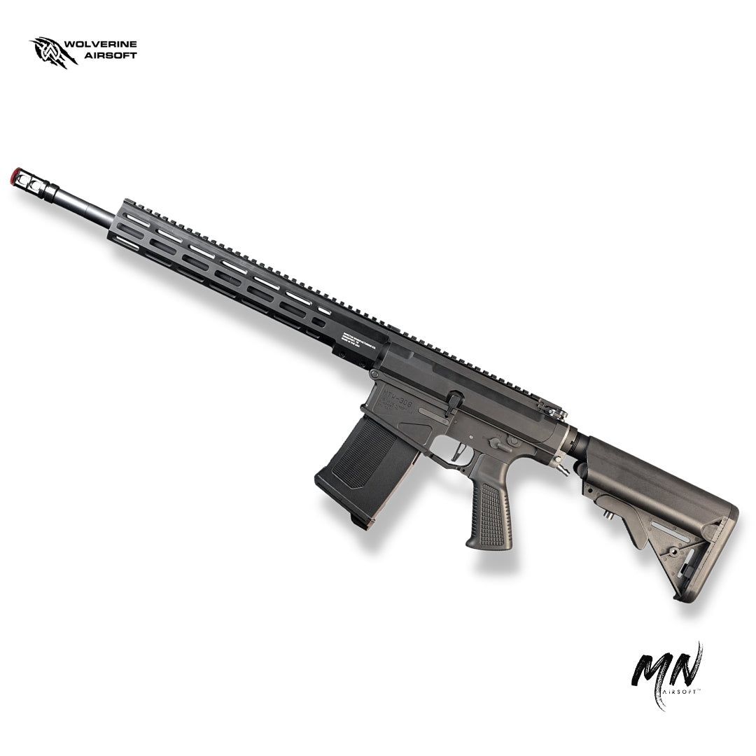 MTW Billet 308 DMR HPA airsoft rifle: crafted from CNC 6061 T6 aluminum with Mil-Spec Hardcoat Anodization. Equipped with Wolverine Gen2 Inferno HPA Engine and CNC Machined Invictus M-LOK Handguard. Compatible with A&K/Classic Army SR25 AEG Magazines, featuring Empty Magazine Detection. Boasts a Long-Range Rotary Hop-Up for precision. Manufactured, assembled, & quality checked in the United States for superior performance and reliability. second view left