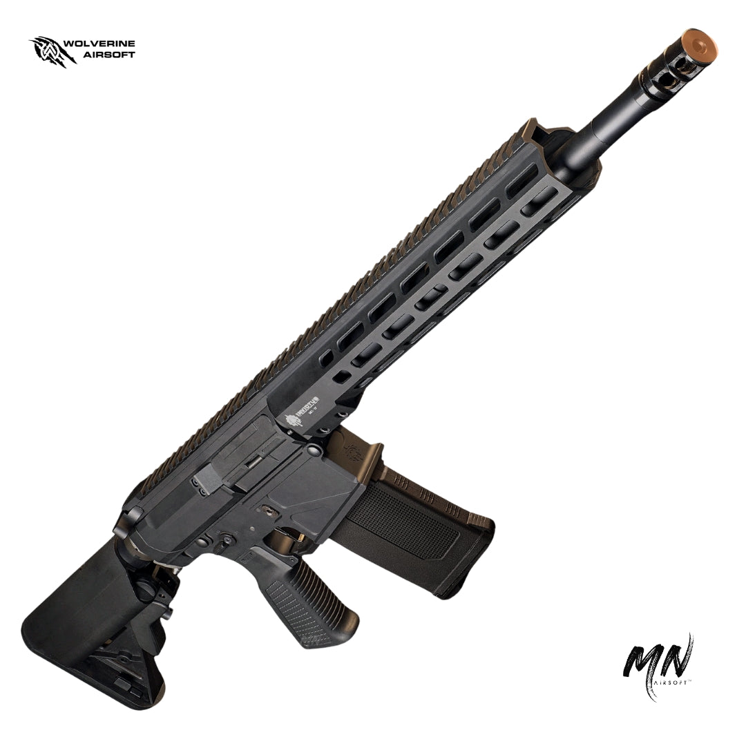 MTW Billet 308 DMR HPA airsoft rifle: crafted from CNC 6061 T6 aluminum with Mil-Spec Hardcoat Anodization. Equipped with Wolverine Gen2 Inferno HPA Engine and CNC Machined Invictus M-LOK Handguard. Compatible with A&K/Classic Army SR25 AEG Magazines, featuring Empty Magazine Detection. Boasts a Long-Range Rotary Hop-Up for precision. Manufactured, assembled, & quality checked in the United States for superior performance and reliability. rail view