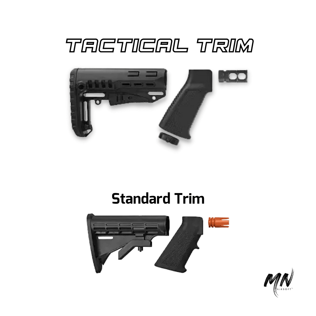 New Gen 3 Wolverine Airsoft Tactical Trim HPA M4. Image of the Wolverine MTW HPA airsoft rifle, engineered for precision and range. Customizable HPA airsoft gun, equipped with Wolverine Airsoft engines and regulators. Enhance your loadout with Wolverine Airsoft accessories, achieving unmatched accuracy in both long-range sniping and intense CQB encounters. Minnesota Airsoft offers Wolverine's reliability and performance, in all lengths such as 7 inch CQB, 10 inch Rifle, and 14 inch DMR. 
