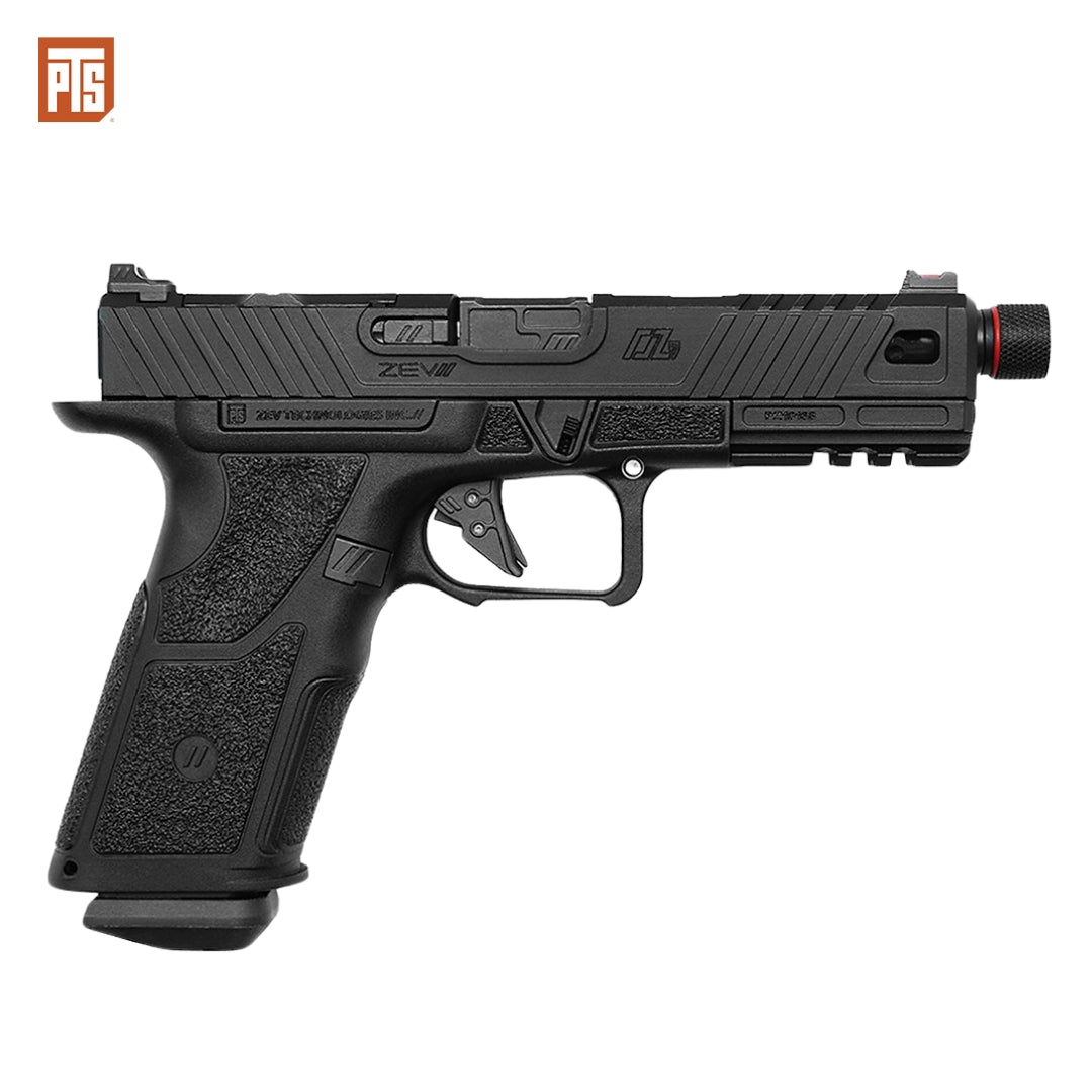 PTS ZEV OZ9 Standard: Gas blowback airsoft pistol with durable aluminum alloy frame, 11mm CW threaded outer barrel for suppressors, and customizable trigger system.