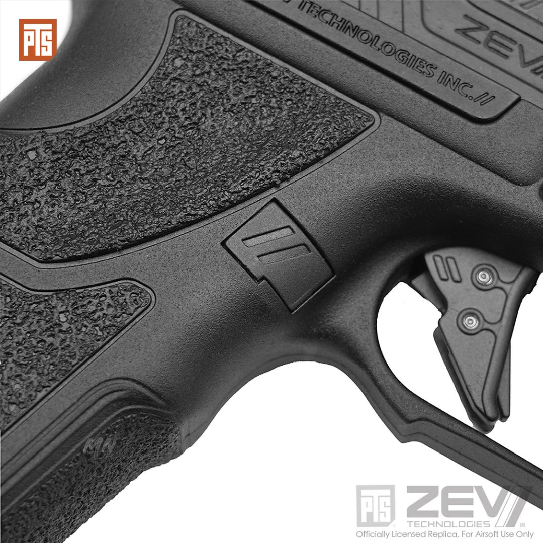 Gas blowback mastery: PTS ZEV OZ9 Standard pistol, featuring durable aluminum alloy, 11mm CW threaded outer barrel, and customizable trigger system for tactical airsoft dominance.