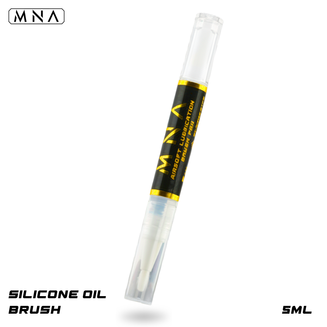 Silicone oil brush with MNA branding on a white background. Silicone oil brush pen for airsoft guns with PTFE.
