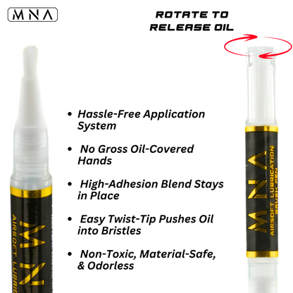 Silicone oil brush with MNA branding on a white background. Silicone oil brush pen for airsoft guns with PTFE. click to rotate and release oil