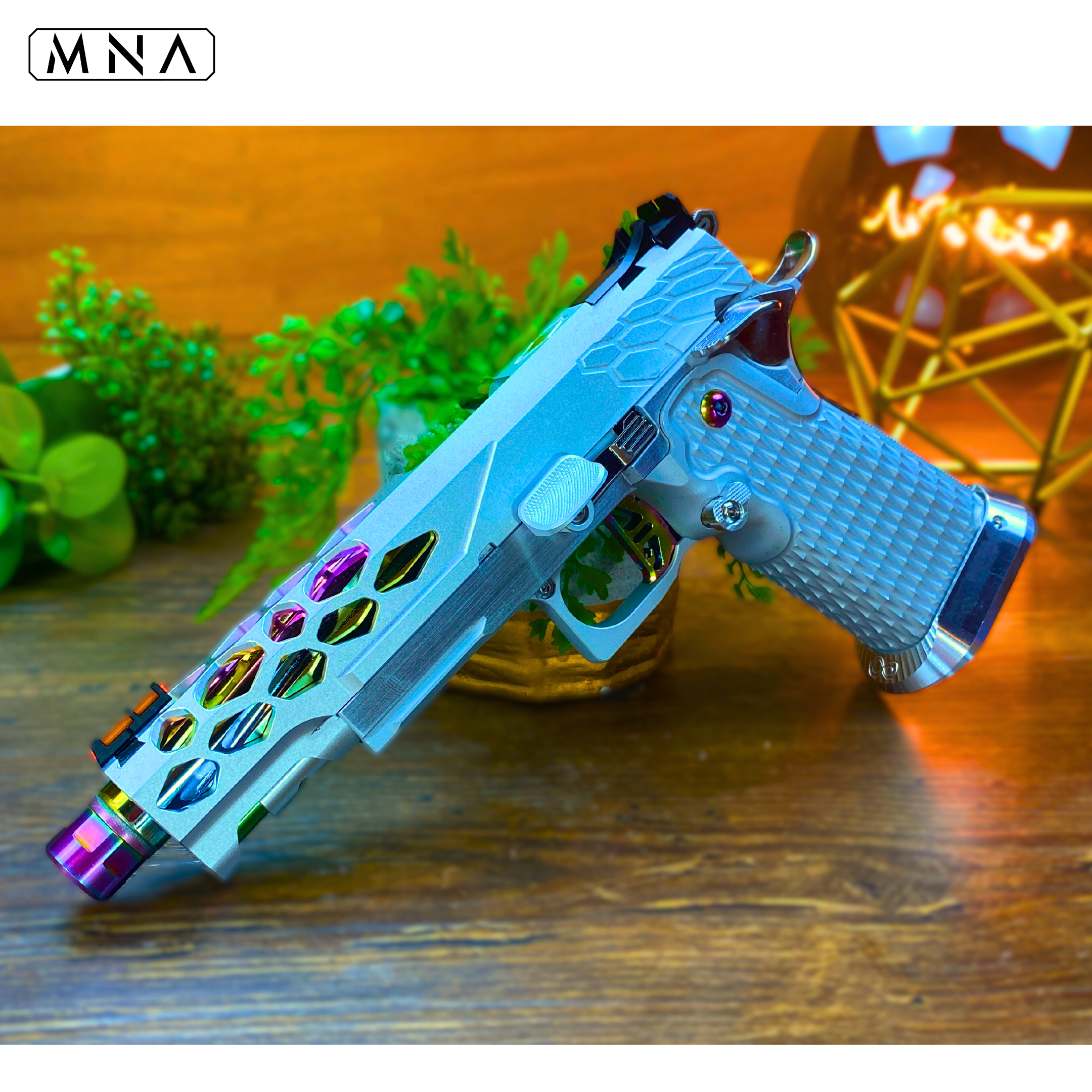 custom built tokyo marui hi capa. Assembly of upgraded and custom hi capas for airsoft gas blowback pistols. the best building service of assembling your new custom hicapa pistol. Silver and rainbow hi capa.