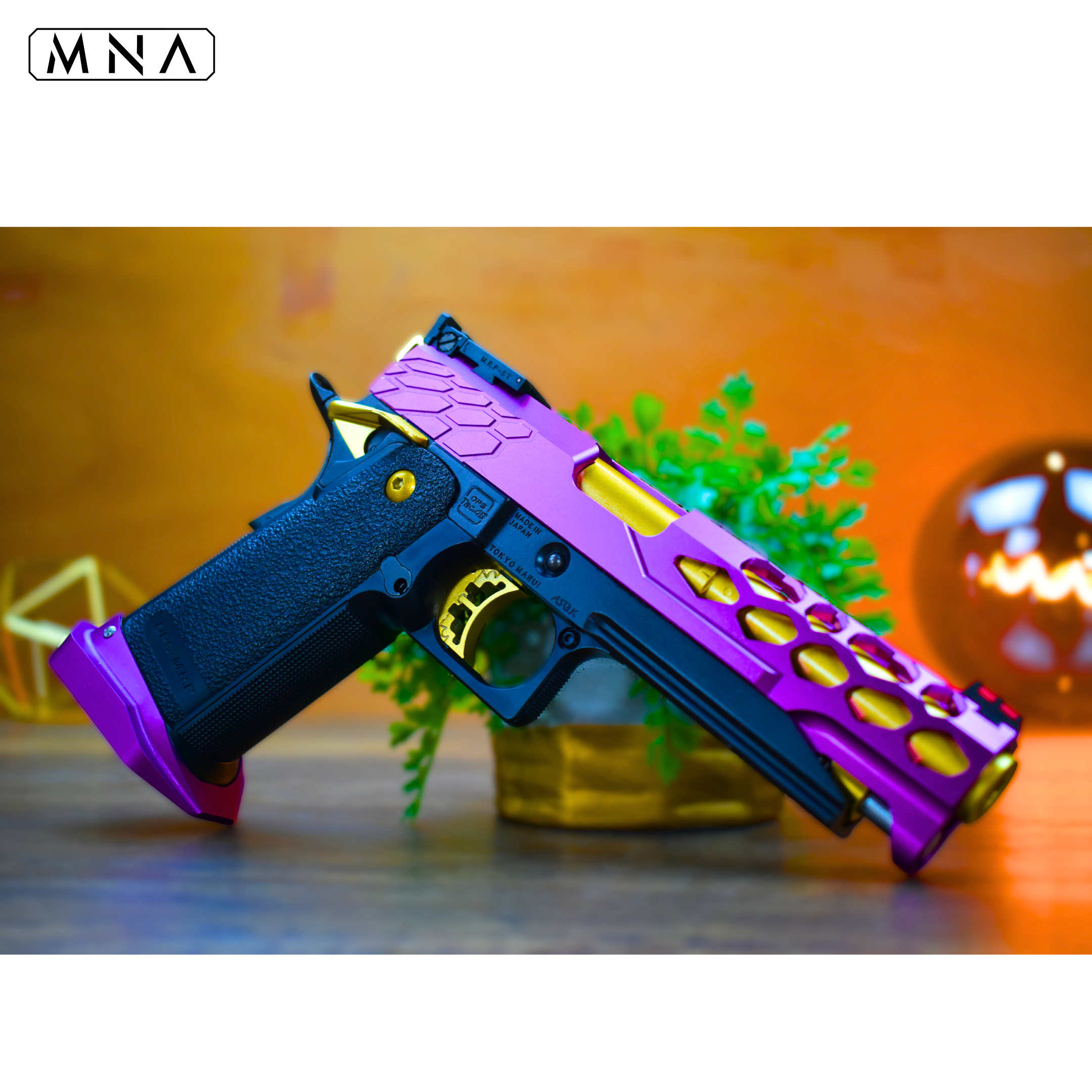 custom built tokyo marui hi capa. Assembly of upgraded and custom hi capas for airsoft gas blowback pistols. the best building service of assembling your new custom hicapa pistol. purple and gold hi capa custom upgraded.