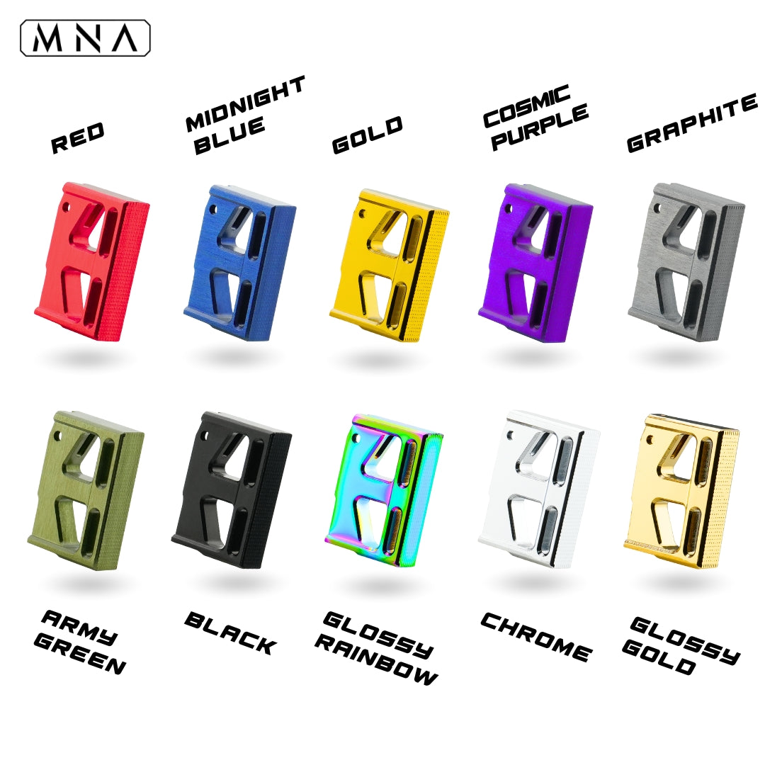 Colorful mna hi capa speed triggers for hi capa airsoft pistol in various finishes on a white background with MNA branding.