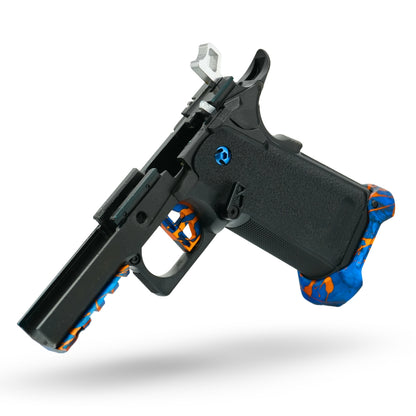 Tokyo Marui Hi-Capa custom gas blowback pistol, pre-built with upgraded slide, inner barrel, recoil system, and tactical grip for reliable airsoft gameplay.
