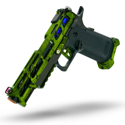 Premium MNA Minnesota Airsoft custom Hi-Capa 5.1 GBB pistol with blue, green, and gold anodized splatter pattern, upgraded aluminum slide, threaded barrel, high-flow gas system, and fully assembled pre-built competition performance build.