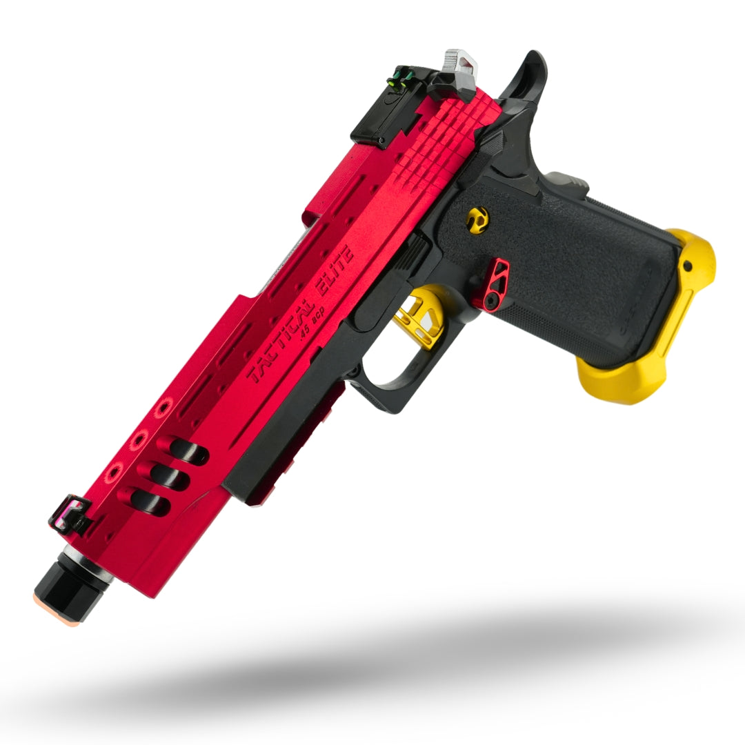 custom tokyo marui hi capa gas blowback airsoft pistol in red and gold. Upgraded custom built tokyo marui hicapa gas pistol for airsoft CQB upgraded and prebuilt.