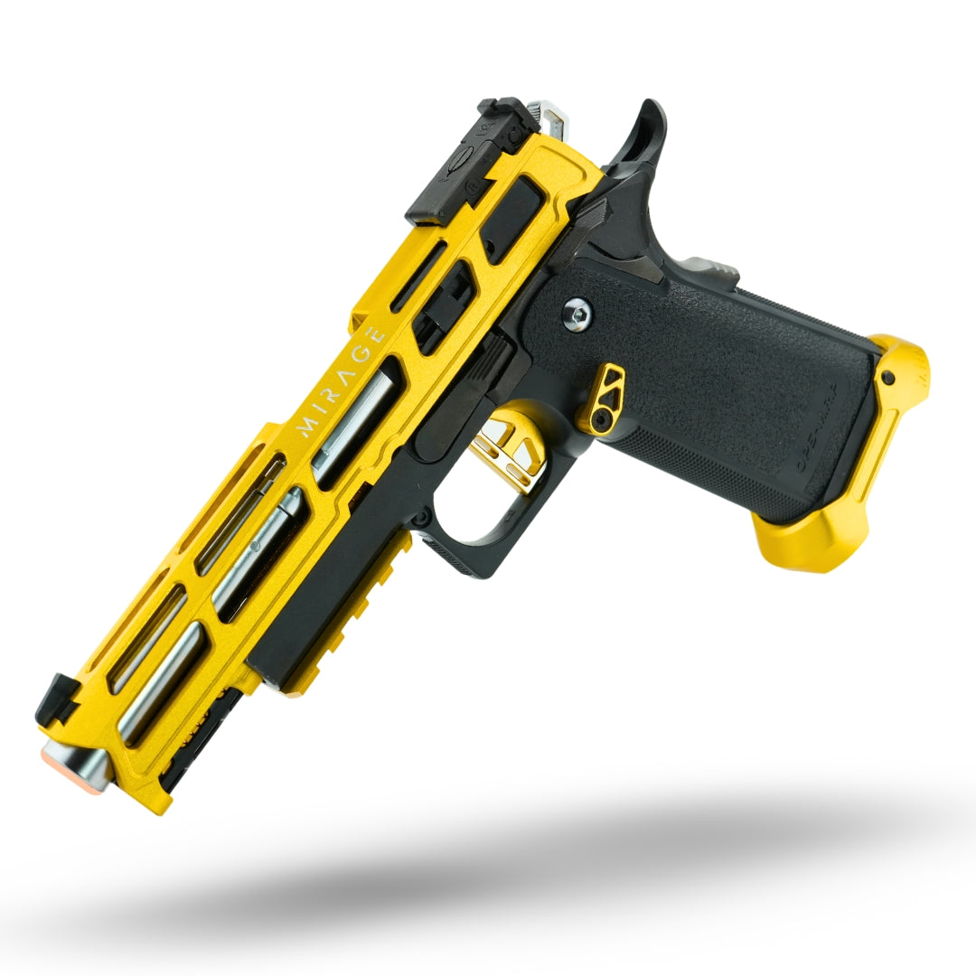 custom tokyo marui hi capa pre build minnesota airsoft MNA. MN Airsoft mirage hi capa upgraded pre build gold and black gas blowback airsoft pistol. Best custom airsoft hi capa pistol in gold and black color with full upgrades. Mirage slide.