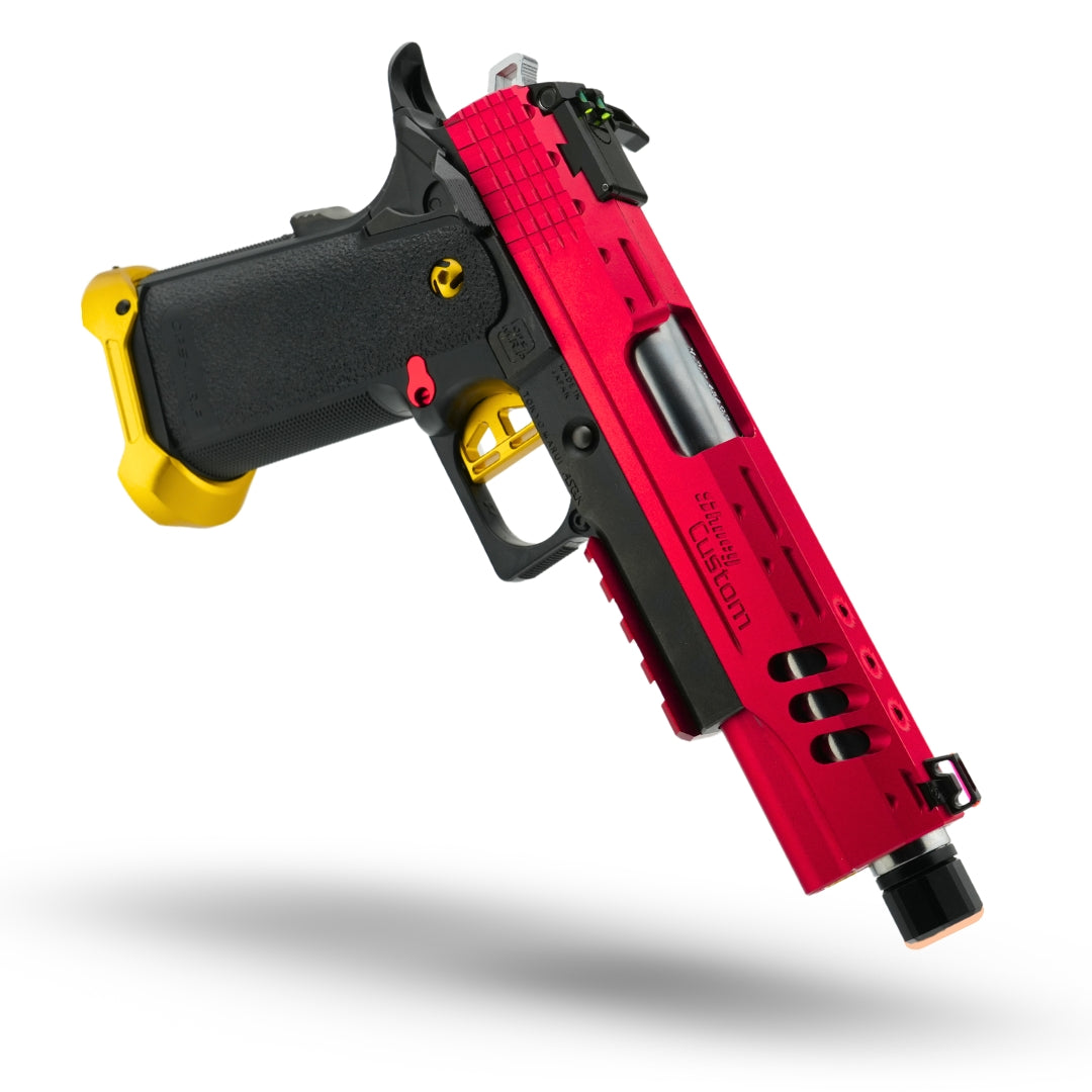 custom tokyo marui hi capa gas blowback airsoft pistol in red and gold. Upgraded custom built tokyo marui hicapa gas pistol for airsoft CQB upgraded and prebuilt. Red slide, gold trigger, gold magwell.