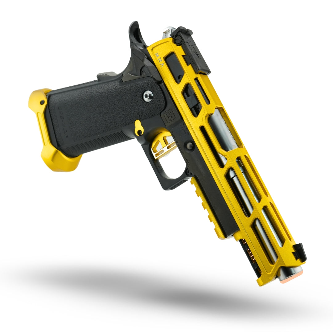 custom tokyo marui hi capa pre build minnesota airsoft MNA. MN Airsoft mirage hi capa upgraded pre build gold and black gas blowback airsoft pistol. Best custom airsoft hi capa pistol in gold and black color with full upgrades.