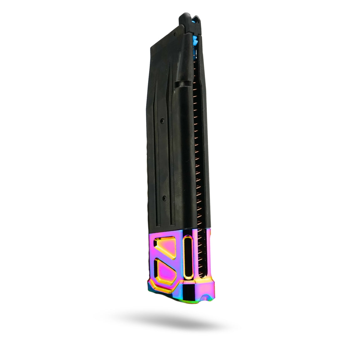 MNA hi capa magazine extension in glossy rainbow. 40 bb extended hi capa airsoft pistol magazine for tokyo maru hicapa.
