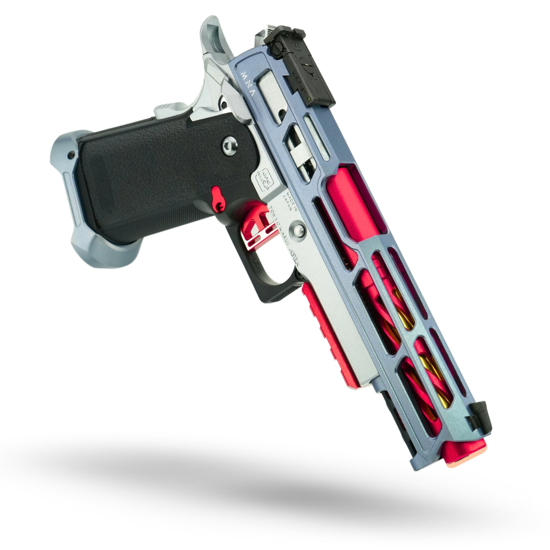 custom upgraded tokyo  marui hi capa 5.1 in grey and red. Project asura from minnesota airsoft custom upgraded hicapa airsoft gas blowback pistol. Red outer barrel spiral fluting.
