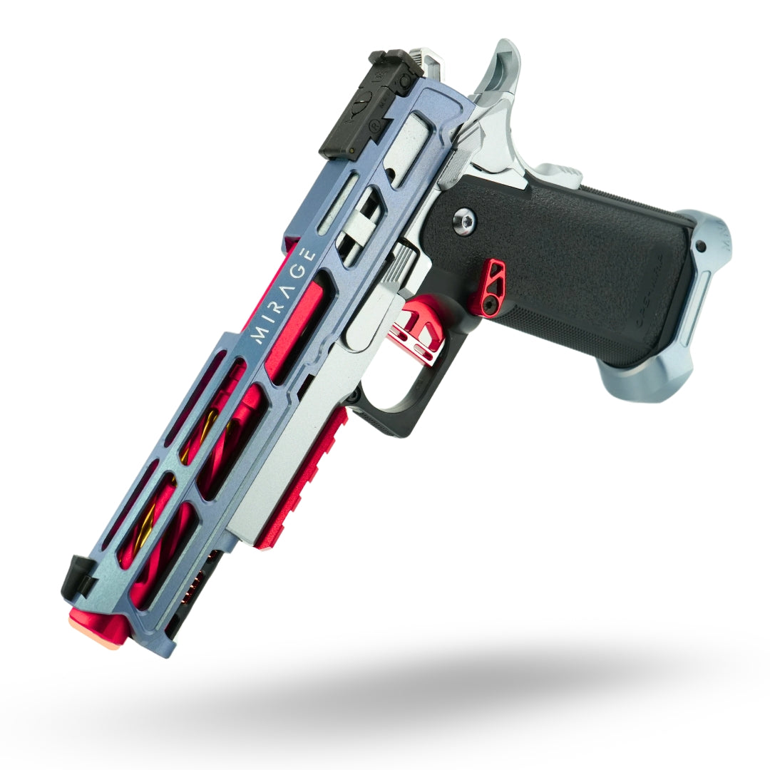 custom upgraded tokyo  marui hi capa 5.1 in grey and red. Project asura from minnesota airsoft custom upgraded hicapa airsoft gas blowback pistol.