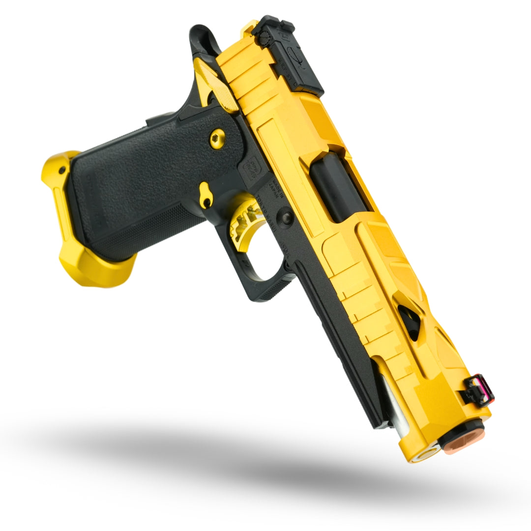 Minnesota Airsoft MNA Custom upgraded hi capa airsoft pistol in gold and black. Project Icarus custom built and upgraded goldmatch tokyo marui hicapa airsoft gas pistol. Outer barrel, fiber sight, magwell.