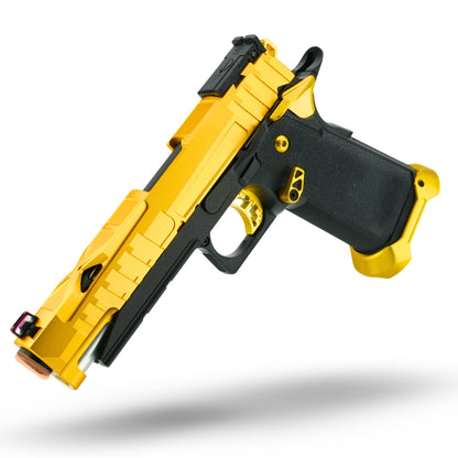 Minnesota Airsoft MNA Custom upgraded hi capa airsoft pistol in gold and black. Project Icarus custom built and upgraded goldmatch tokyo marui hicapa airsoft gas pistol. 