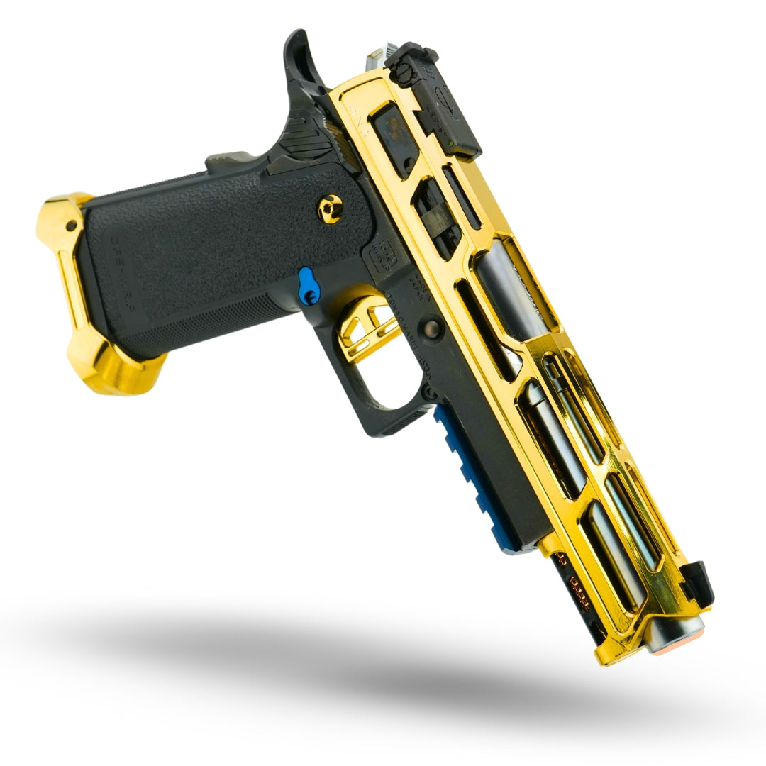 custom tokyo marui hi capa pre build minnesota airsoft MNA. Glossy gold griffin MN Airsoft mirage hi capa upgraded pre build gold and black gas blowback airsoft pistol. Best custom airsoft hi capa pistol in gold and black color with full upgrades.