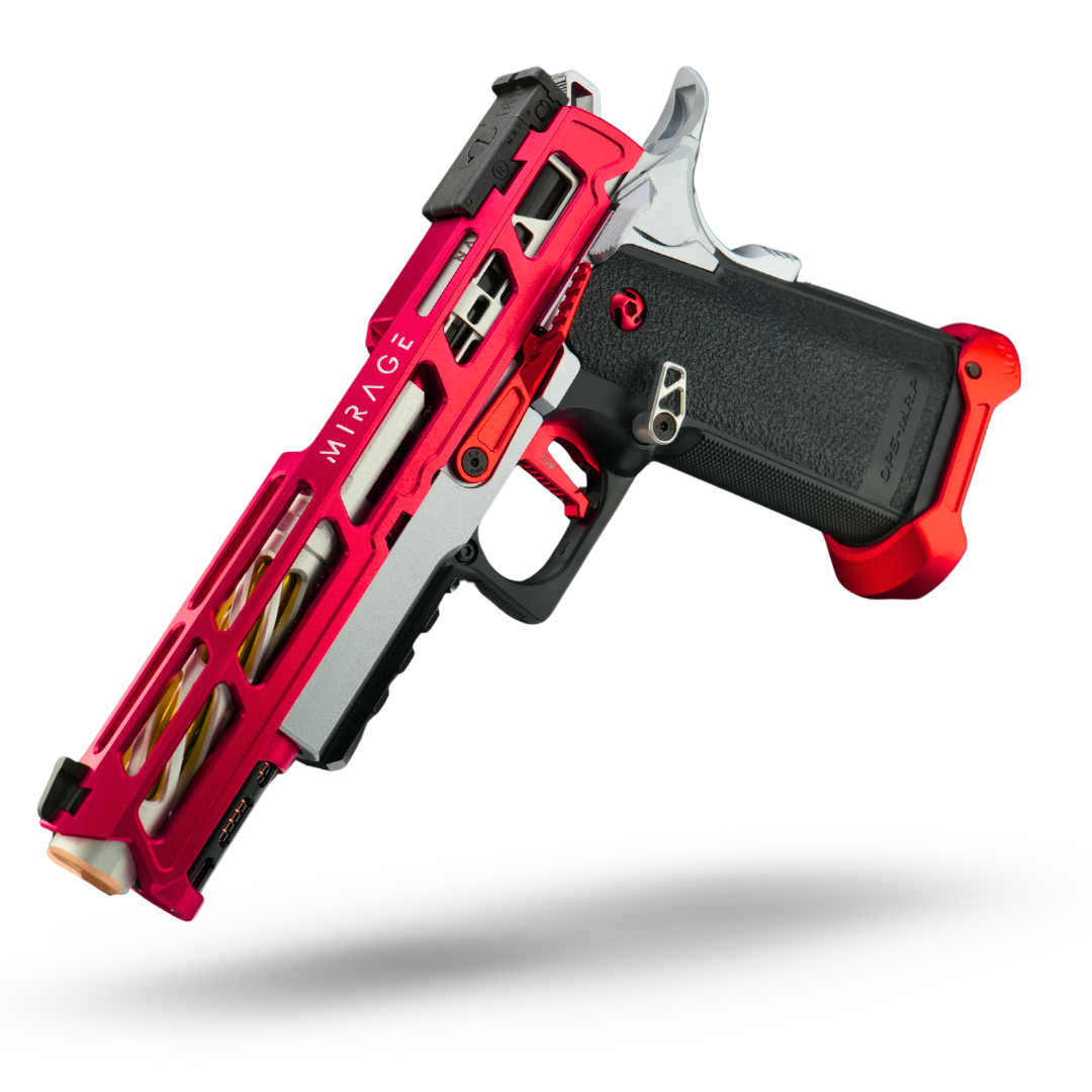 minnesota airsoft custom hicapa airsoft pistol MNA project Kratos red and silver custom build. 2026 new red and silver hi capa for tokyo marui upgrades.  slide catch left side.